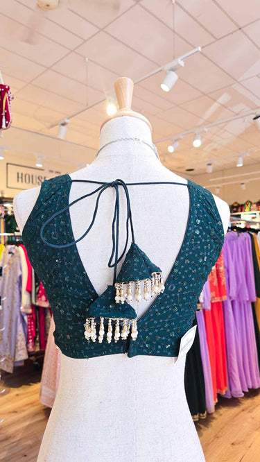 Bottle Green Sleeveless Thread and Sequin Blouse