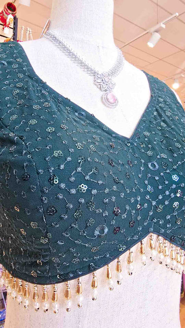 Bottle Green Sleeveless Thread and Sequin Blouse