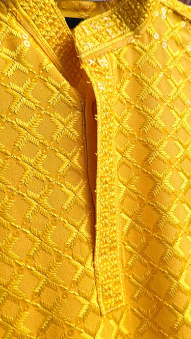 Rayon Chikankari Kurta Pajama for Boys in Yellow