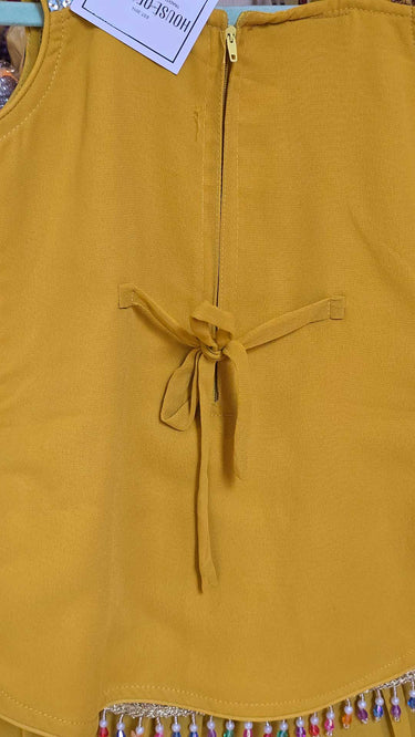 Mustard Yellow Threadwork Kids Kurti Set