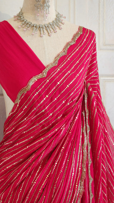 Hot Pink metal work fendi saree
