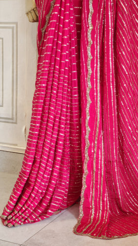 Hot Pink metal work fendi saree