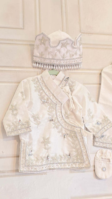 Baby Boy White Pasni Set with Pearlwork Crown and Jutti