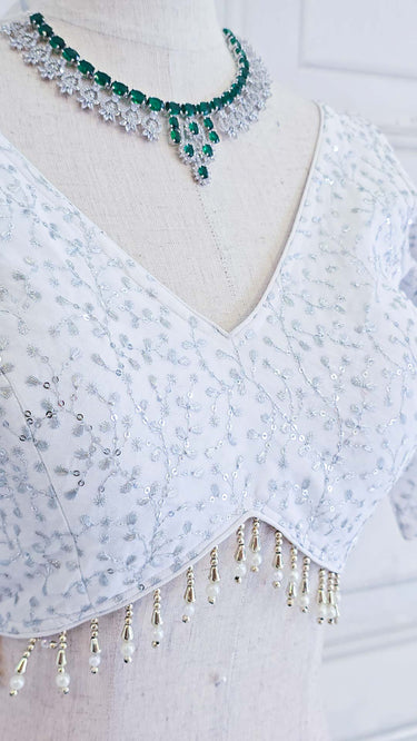 White & Silver Half Sleeves Thread and Sequin Blouse