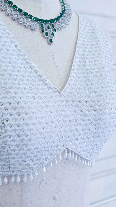 White & Silver Sleeveless Thread and Sequin Blouse