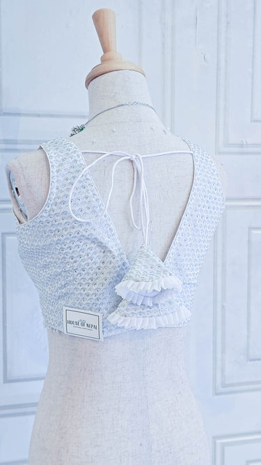 White & Silver Sleeveless Thread and Sequin Blouse