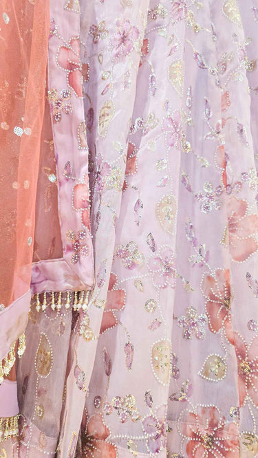 Multicolor Lilac Floral Handwork Lehenga with Contrast Shawl