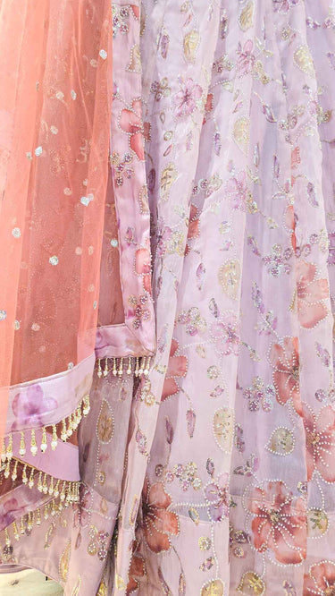 Multicolor Lilac Floral Handwork Lehenga with Contrast Shawl