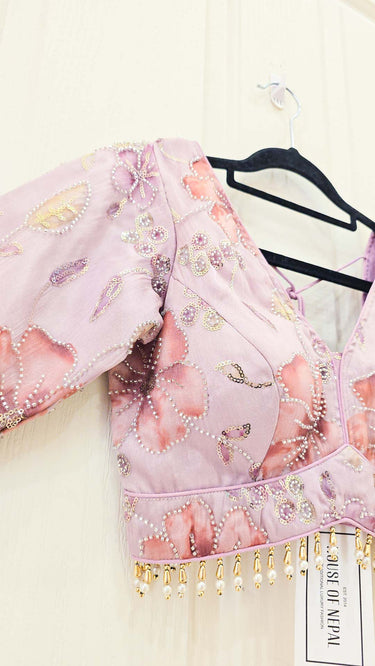 Multicolor Lilac Floral Handwork Lehenga with Contrast Shawl