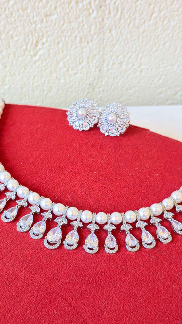 American Diamond & Pearl Necklace with Earrings