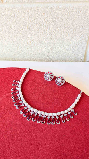 American Diamond & Pearl Necklace with Earrings