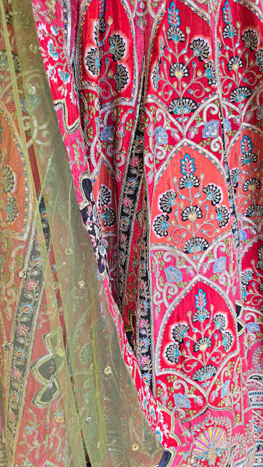 Red Position Print Lehenga with Contrast Green Shawl