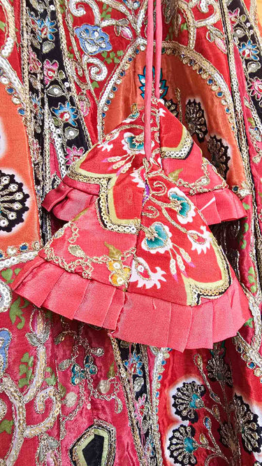 Red Position Print Lehenga with Contrast Green Shawl