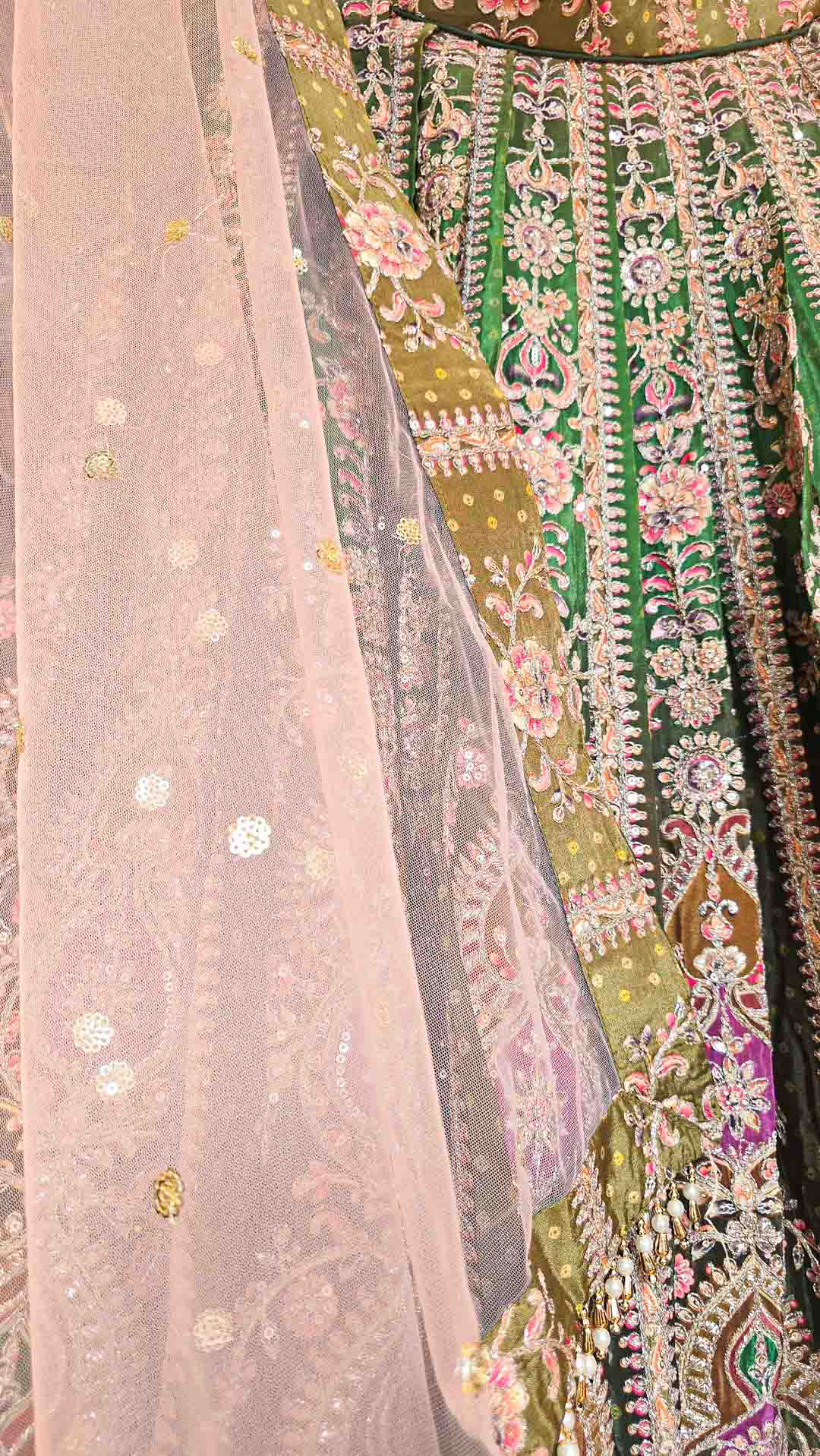 Green Ombre Position Print Lehenga with Contrast Pink Shawl House of Nepal Green Ombre Position Print Lehenga with Contrast Pink Shawl House of Nepal