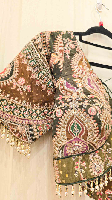Green Ombre Position Print Lehenga with Contrast Pink Shawl
