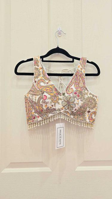 White and Pink Crepe Paisley Lehenga