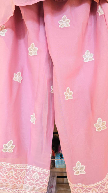 Pink Floral Threadwork Kids Sarara Suit