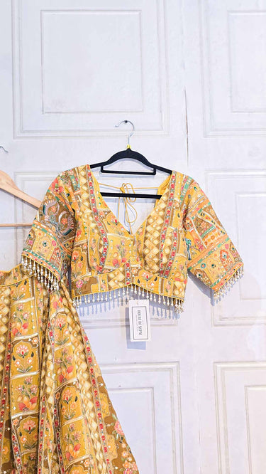 Yellow Figurine Position Print Lehenga with Aqua Green Shawl