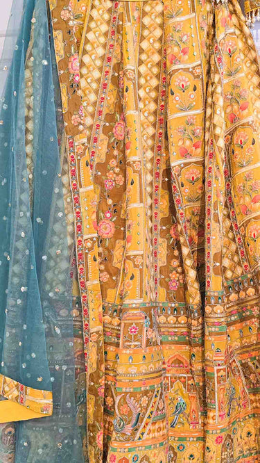 Yellow Figurine Position Print Lehenga with Aqua Green Shawl