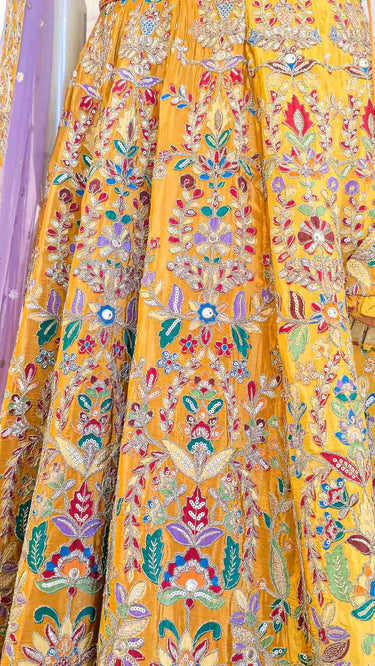 Yellow Position Print Lehenga with Purple Shawl