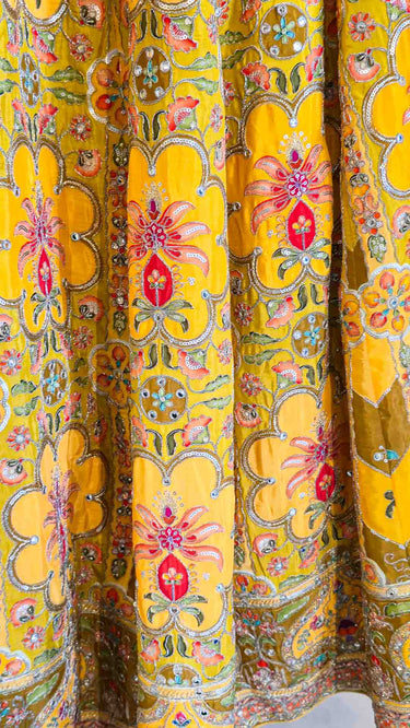 Yellow Position Print Lehenga with Peach Shawl