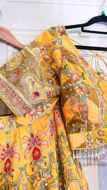 Yellow Position Print Lehenga with Peach Shawl