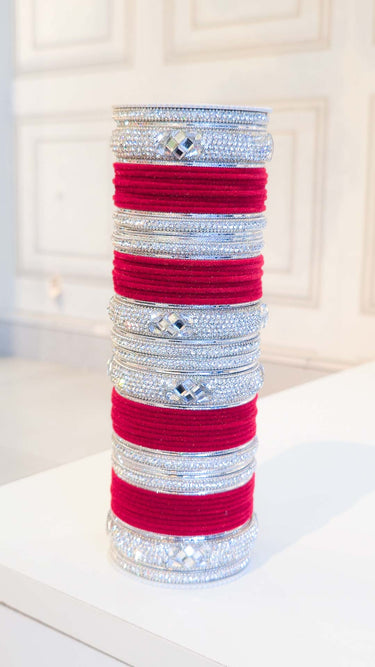 Red Bridal Velvet Bangles with Swarovski Kada
