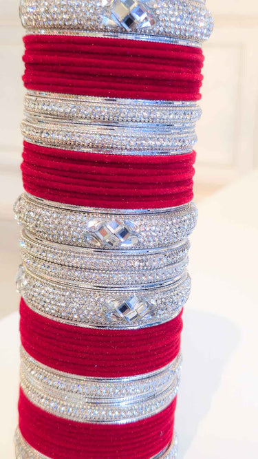 Red Bridal Velvet Bangles with Swarovski Kada