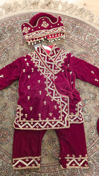 Maroon Hand Embroidered Velvet Traditional Pasni Dress