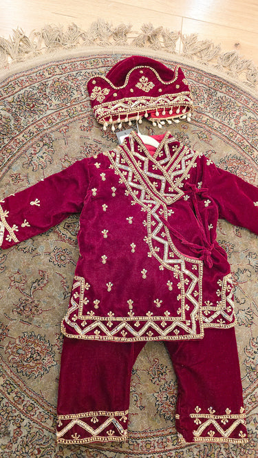 Maroon Hand Embroidered Velvet Traditional Pasni Dress