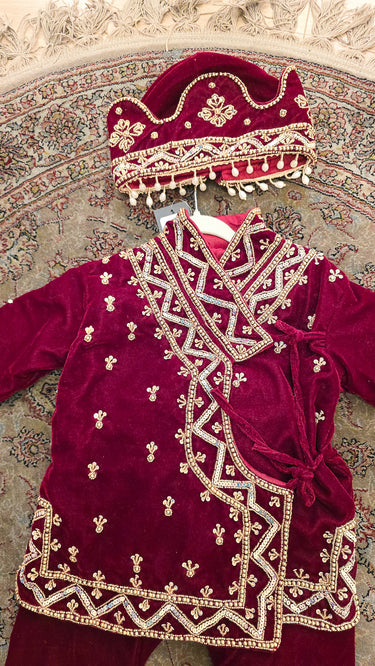 Maroon Hand Embroidered Velvet Traditional Pasni Dress