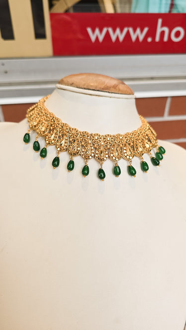 Gold Imitation Mini Haar Dyuti with Green Pearls