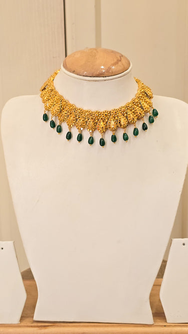 Gold Imitation Mini Haar Dyuti with Green Pearls