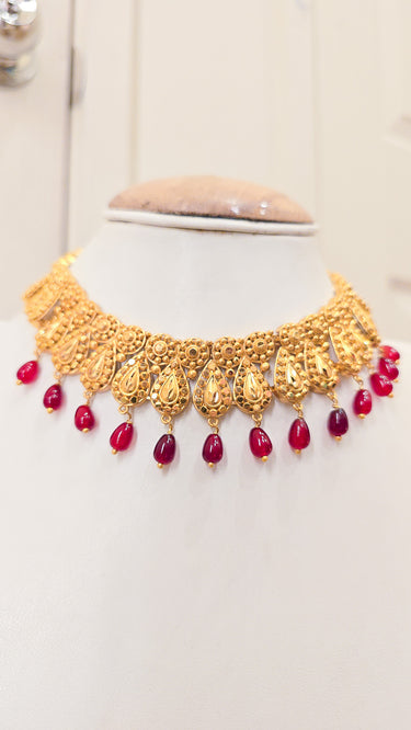 Gold Imitation Mini Haar Dyuti with Red Pearls