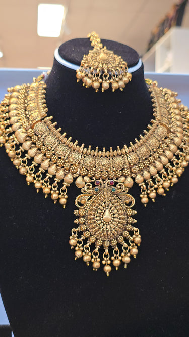 Brass Temple Jewellery Necklace with Earrings and Bindi Maharani