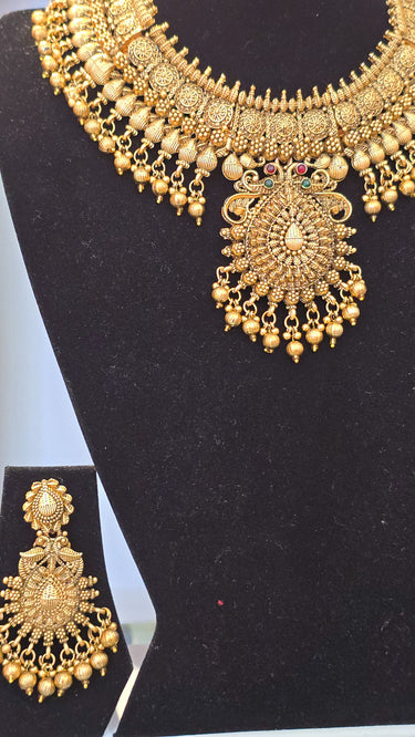 Brass Temple Jewellery Necklace with Earrings and Bindi Maharani