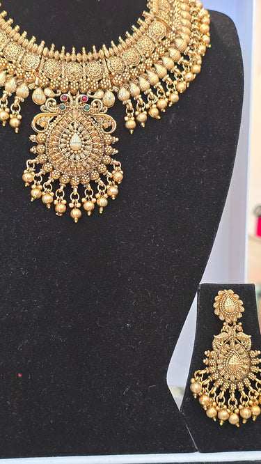 Brass Temple Jewellery Necklace with Earrings and Bindi Maharani