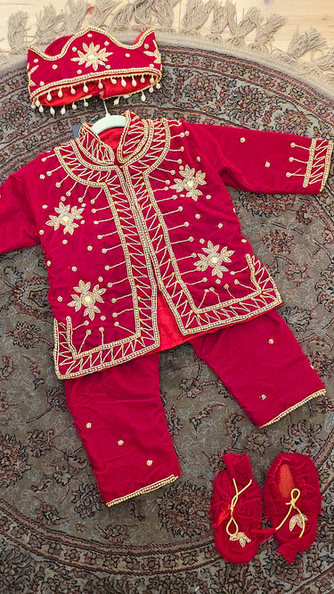 Red Hand Embroidered Velvet Traditional Pasni Dress