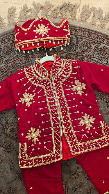 Red Hand Embroidered Velvet Traditional Pasni Dress