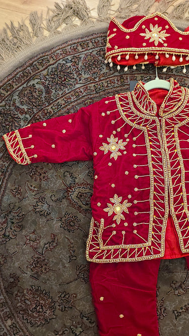 Red Hand Embroidered Velvet Traditional Pasni Dress
