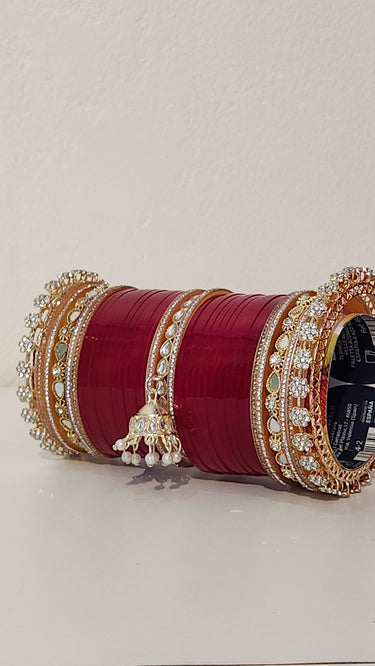 Red Bridal Bangles with Swarovski Stone Kada with dangle