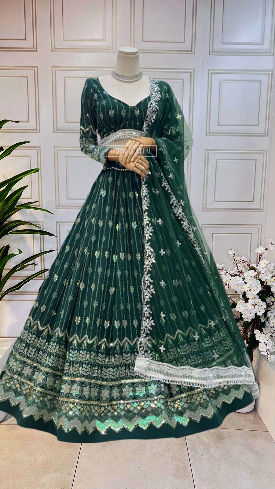 Dark Green Handwork Thread Embroiderd Lehenga With Boutique Blouse and Dupatta