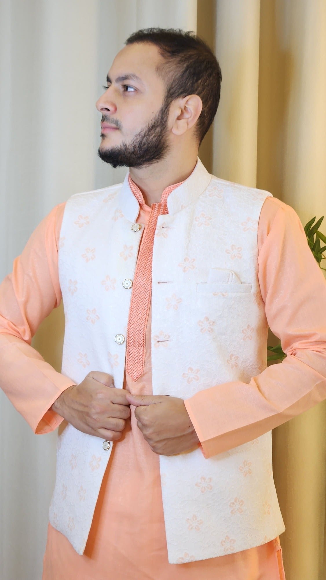 Peach and White Shimmer Embroidered Nehru Jacket
