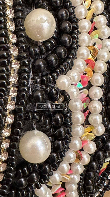 BLACK WITH WHITE PEARL EMBROIDERED JUTTI - House of Nepal