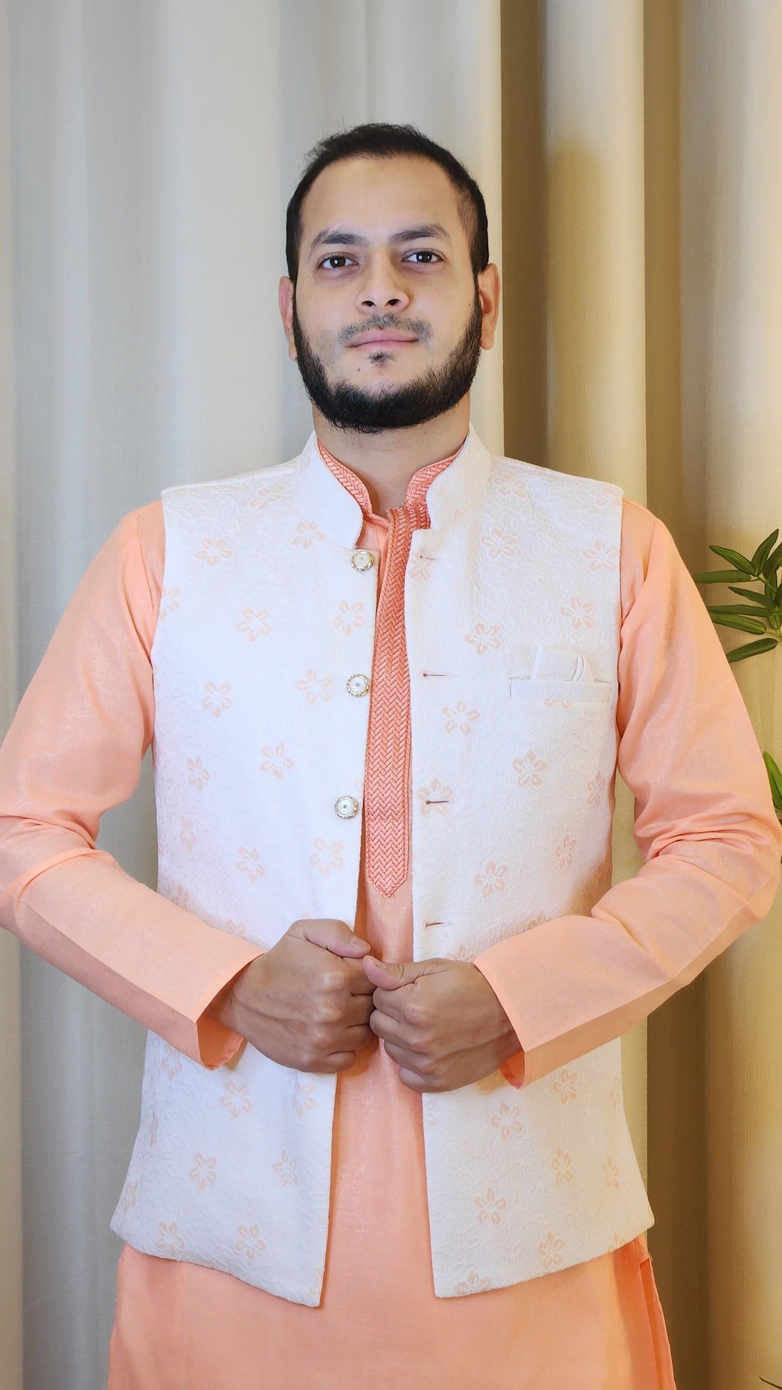 Peach and White Shimmer Embroidered Nehru Jacket