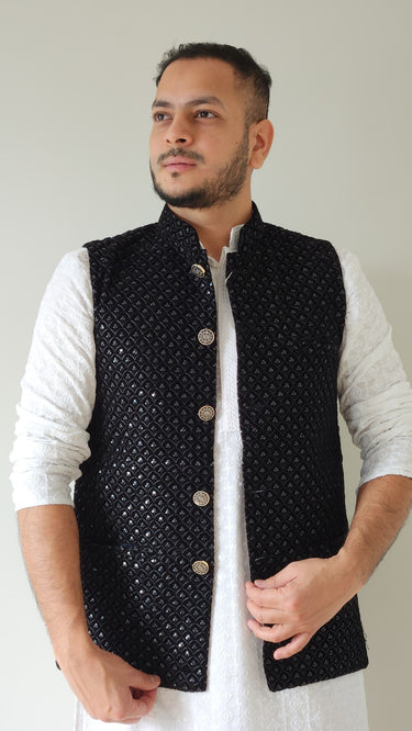 Velvet Nehru Jacket in Black