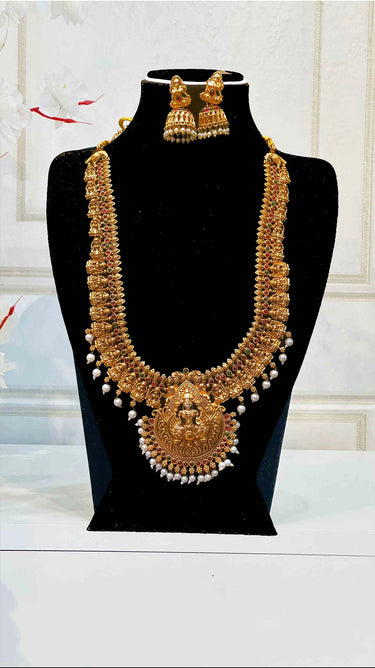 Brass Temple Pearl Long Necklace with Earrings