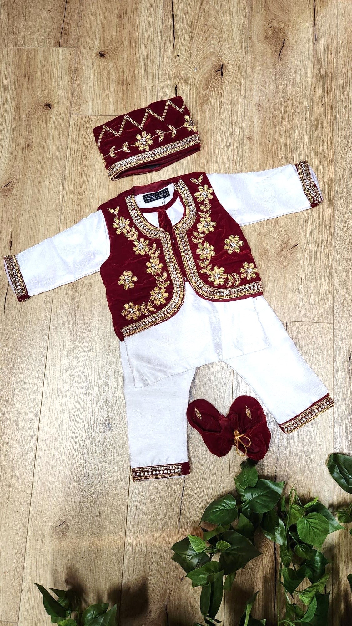 Boys Hand Embroidered Pasni Dress Set in Maroon