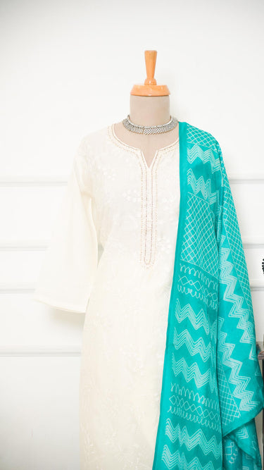 White Chikankari Kurta Suit with Contrast Shawl