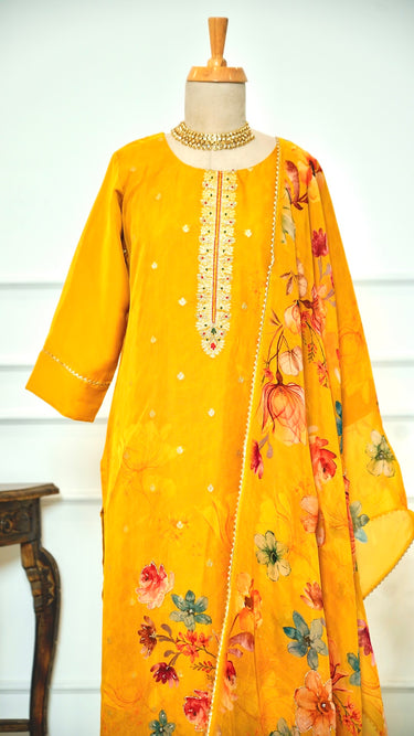 Mustard Yellow Handwork Women's Kurta Set with Floral Shawl